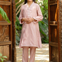 Dobby Cotton Embellished Peach Stitched Suit - Ochre