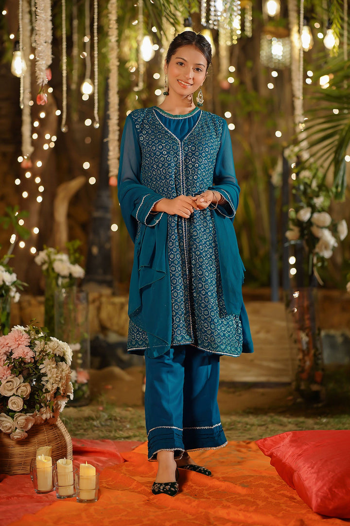 Chiffon Embroidered Green Stitched Suit - Ochre