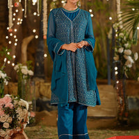 Chiffon Embroidered Green Stitched Suit - Ochre