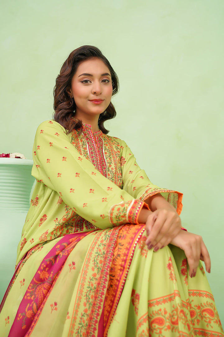 Poly Lawn Digital Printed Lime Green Stitched Suit - Ochre