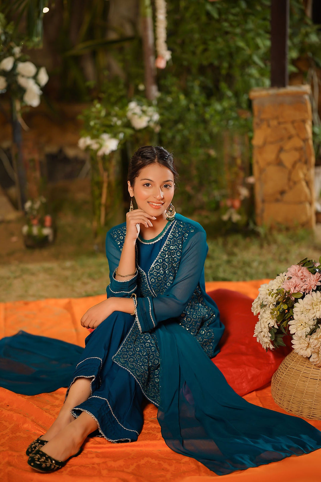 Chiffon Embroidered Green Stitched Suit - Ochre