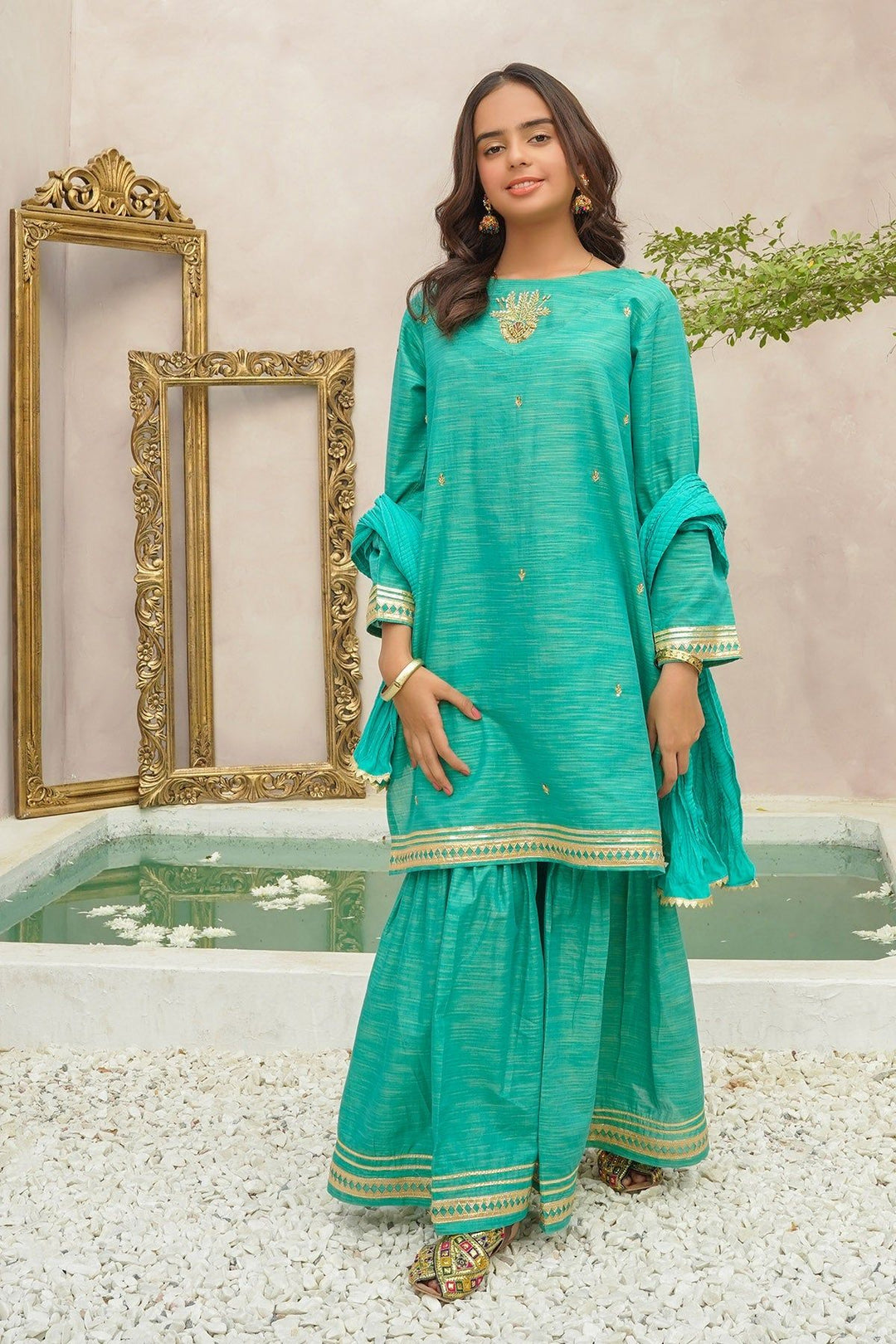 Multi Yarn Cotton Hand Adda Green 3 Piece Stitched Suit - Ochre