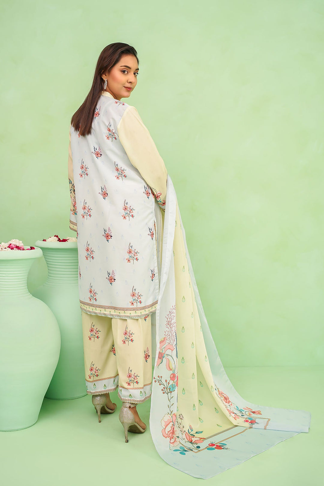 Poly Lawn Digital Printed Lemon Stitched Suit - Ochre