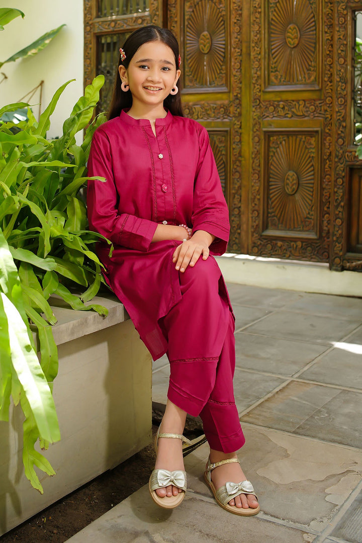 Dobby Cotton Embellished Maroon Stitched Suit - Ochre