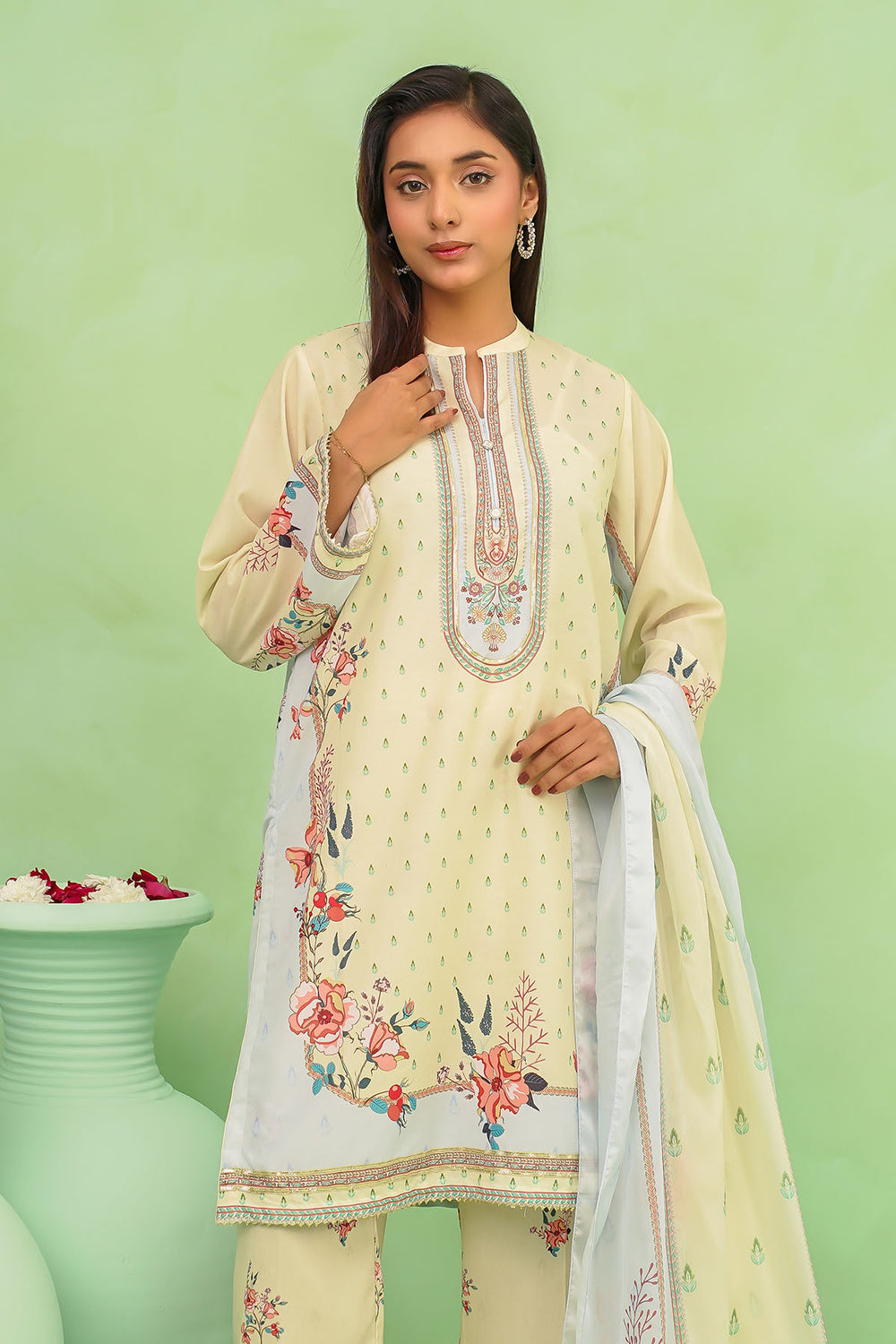 Poly Lawn Digital Printed Lemon Stitched Suit - Ochre