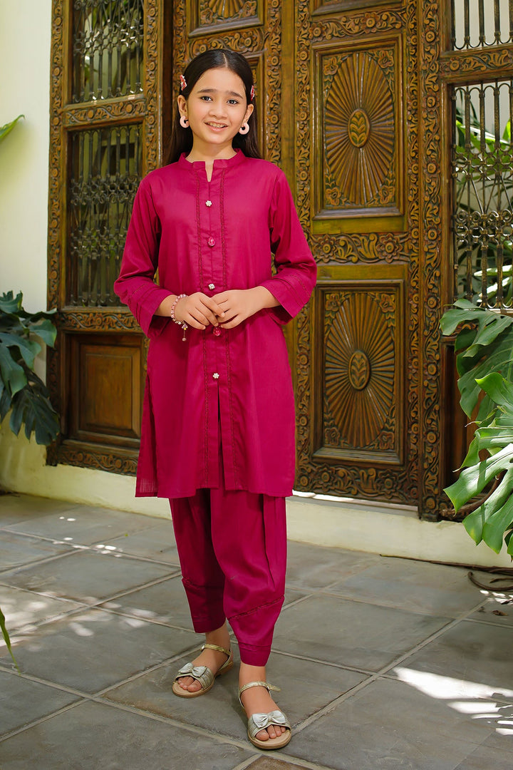 Dobby Cotton Embellished Maroon Stitched Suit - Ochre
