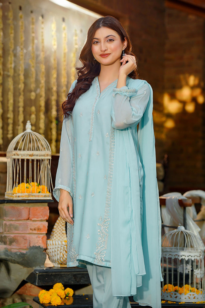 Chiffon Embroidered Blue Stitched Suit - Ochre