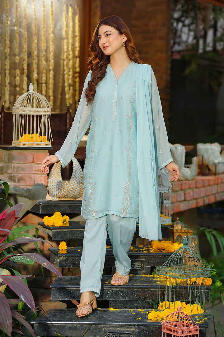 Chiffon Embroidered Blue Stitched Suit - Ochre