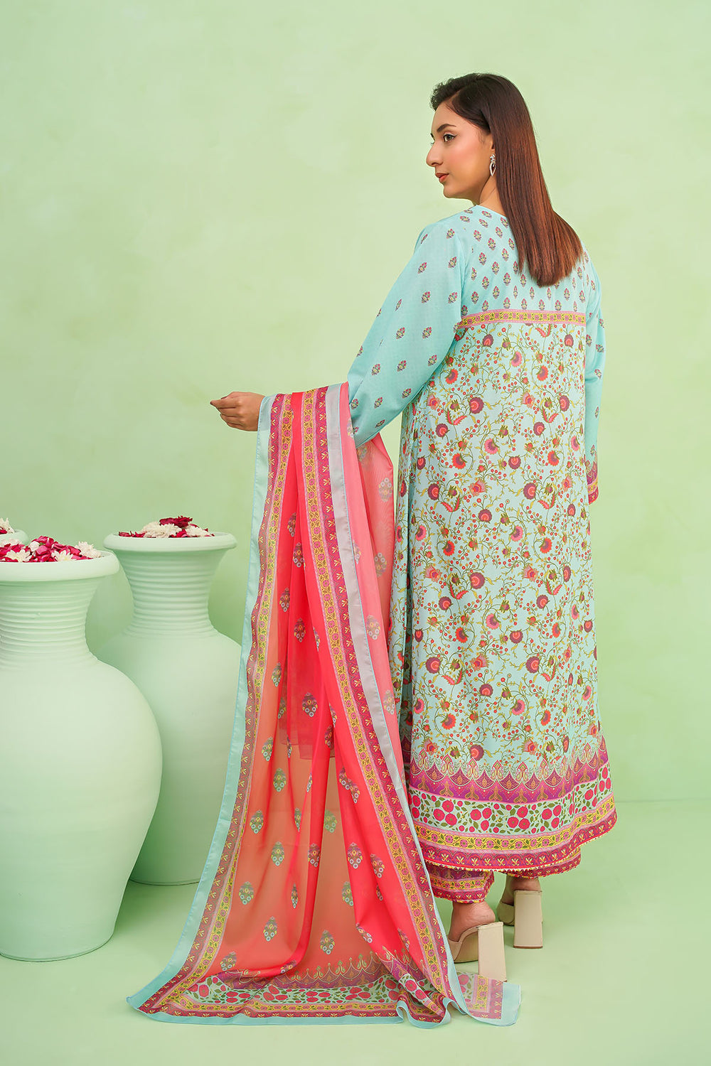 Poly Lawn Digital Printed Blue Stitched Suit - Ochre