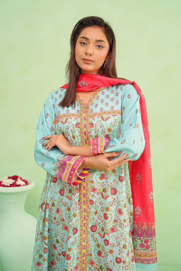 Poly Lawn Digital Printed Blue Stitched Suit - Ochre