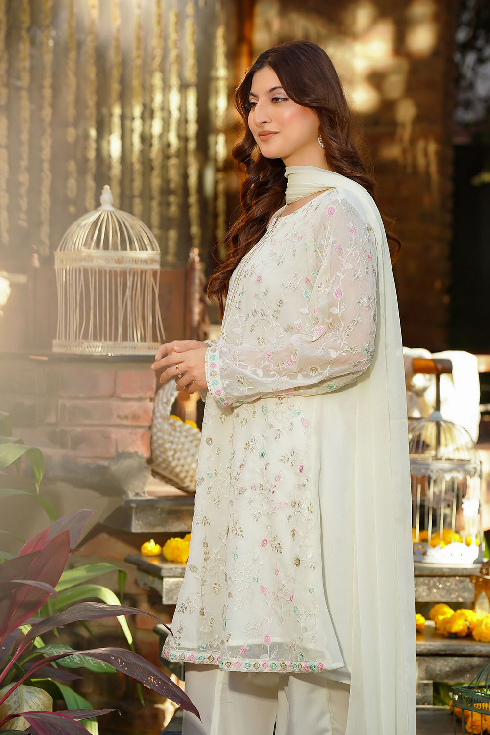 Chiffon Embroidered Ivory Stitched Suit - Ochre