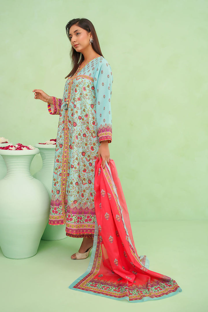 Poly Lawn Digital Printed Blue Stitched Suit - Ochre