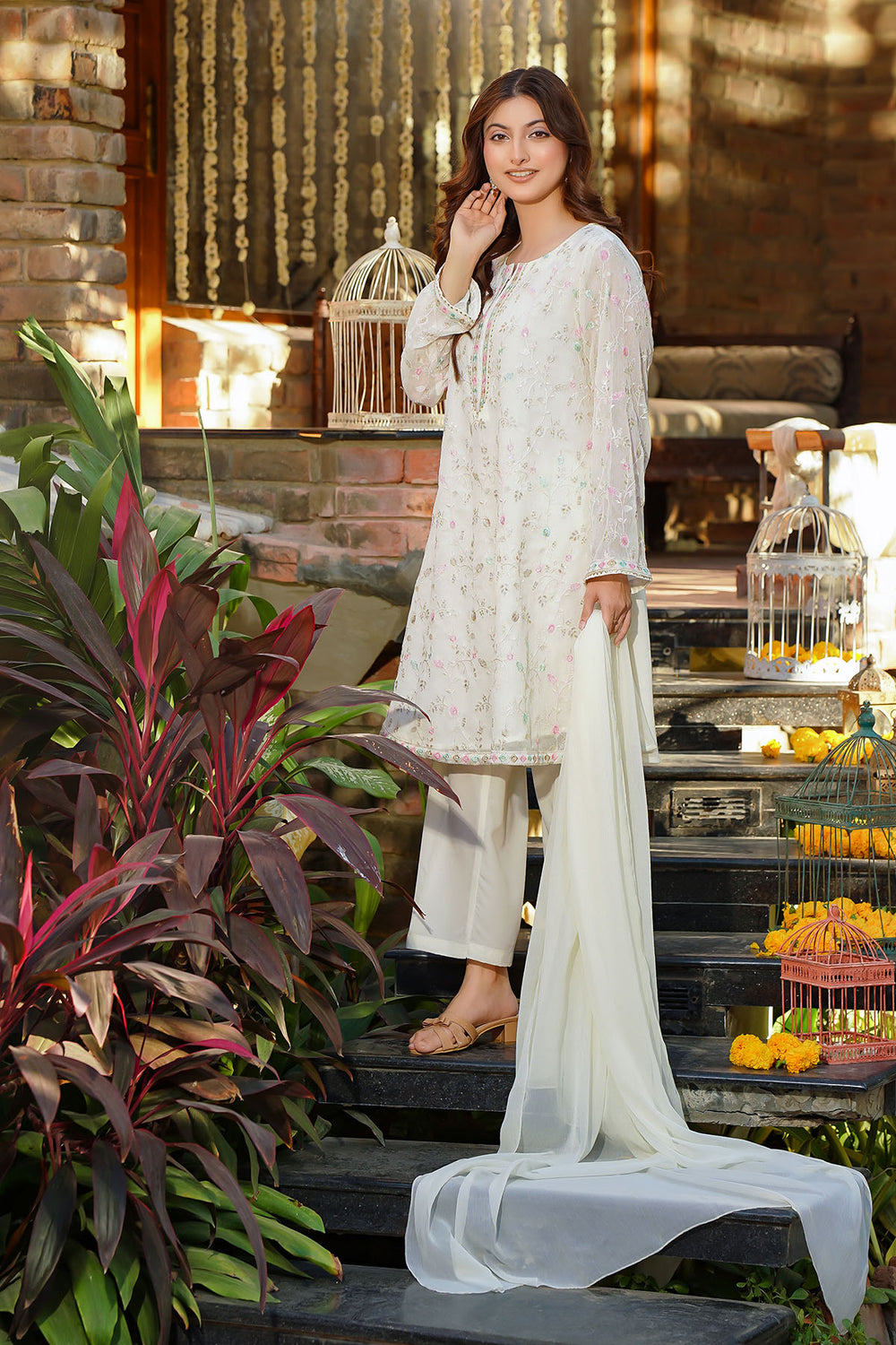 Chiffon Embroidered Ivory Stitched Suit - Ochre