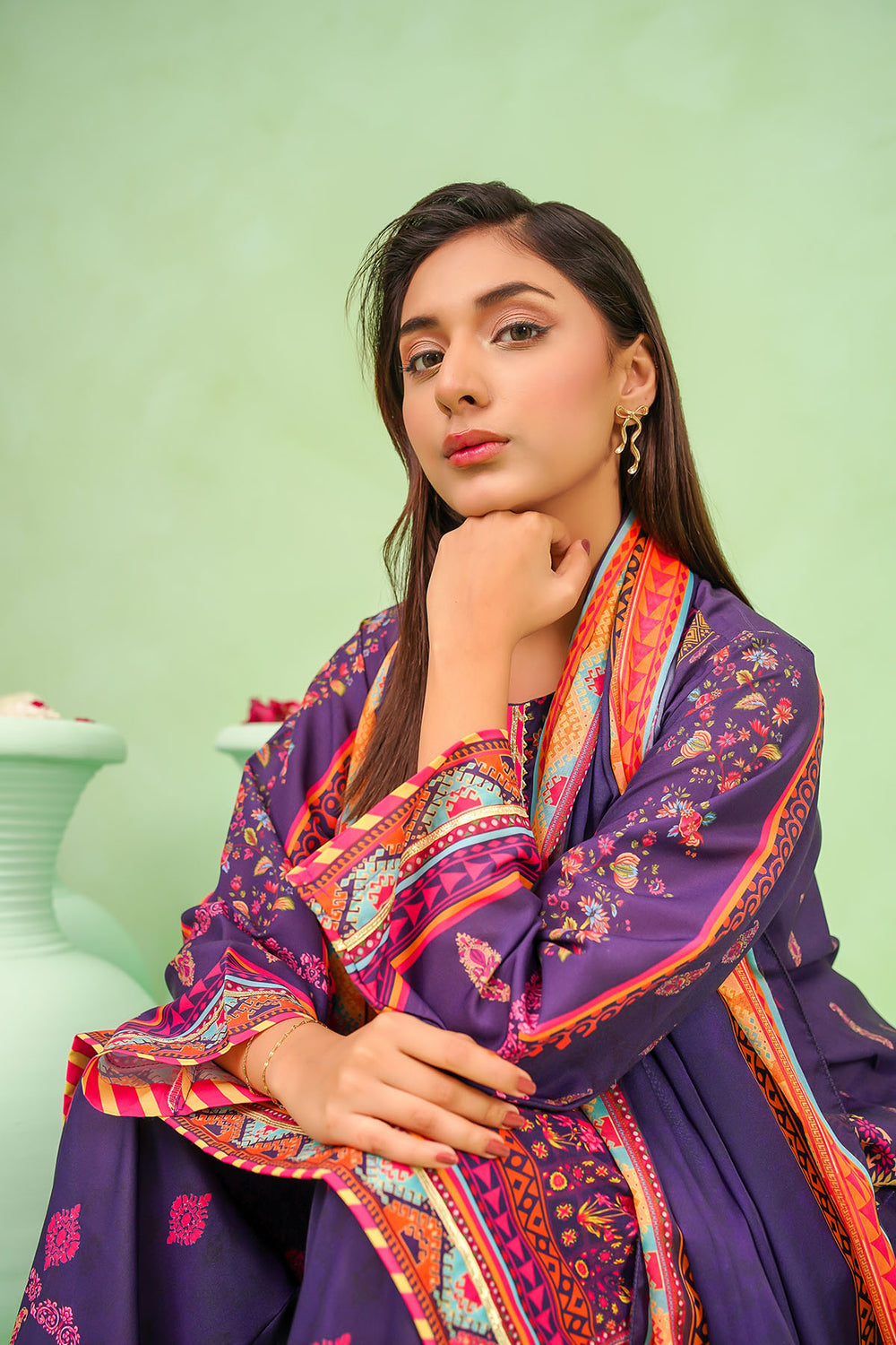 Poly Lawn Digital Printed Navy Blue Stitched Suit - Ochre