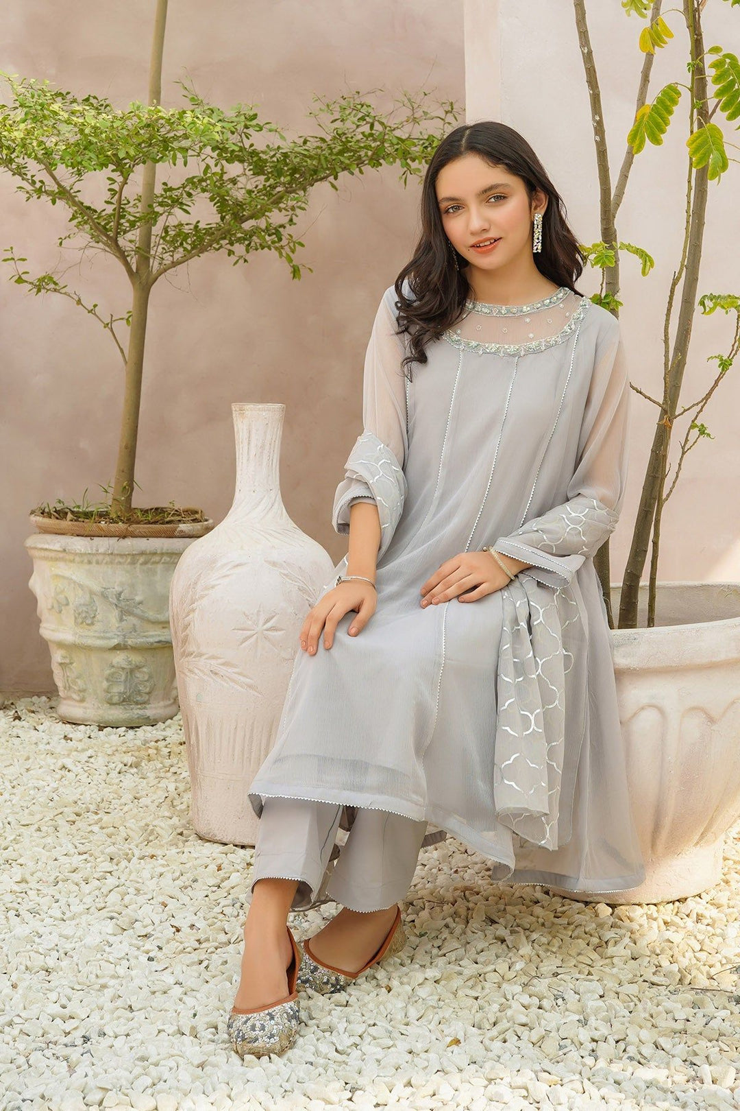 Chiffon Hand Adda Grey 3 Piece Stitched Suit - Ochre
