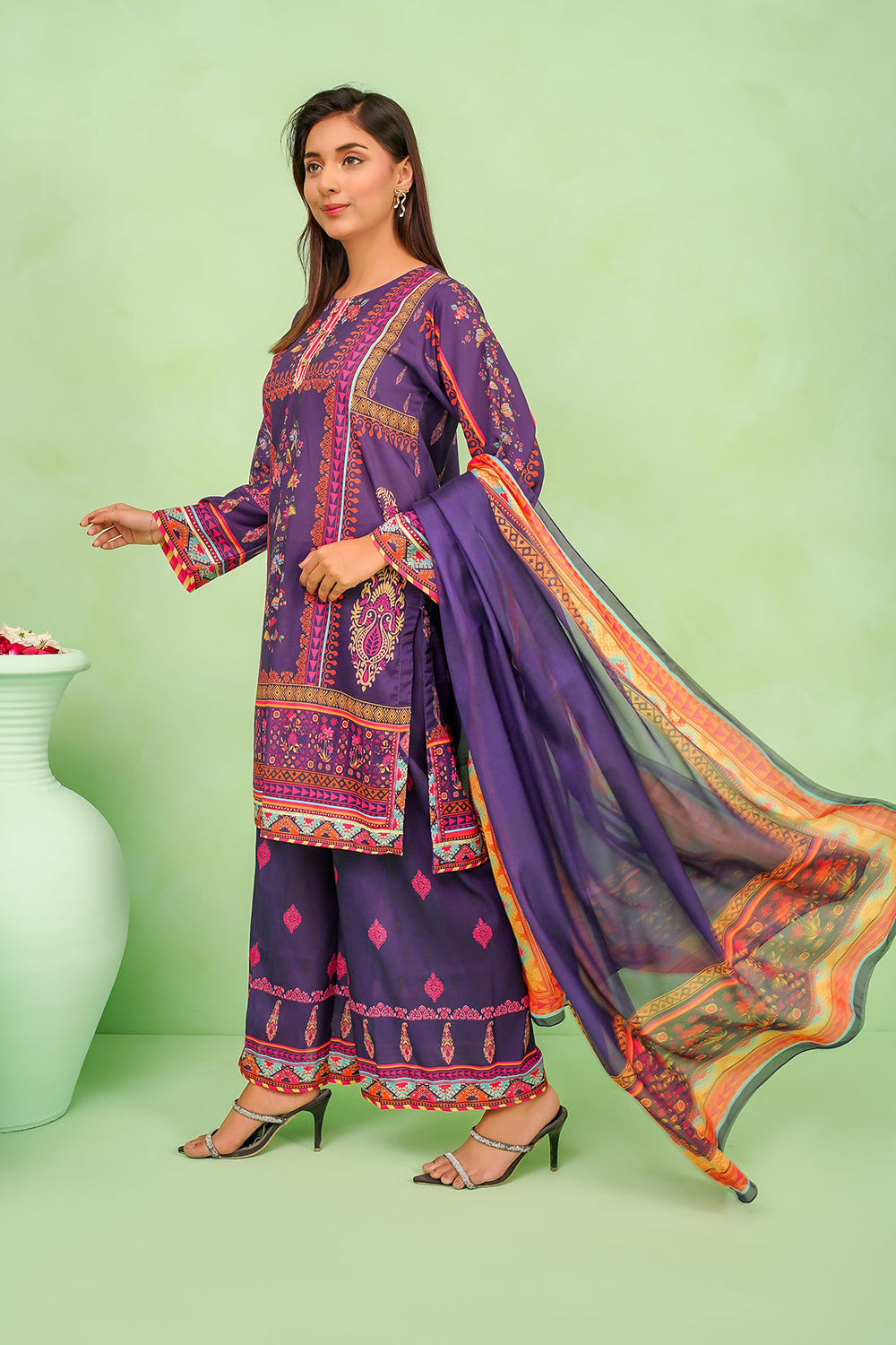 Poly Lawn Digital Printed Navy Blue Stitched Suit - Ochre