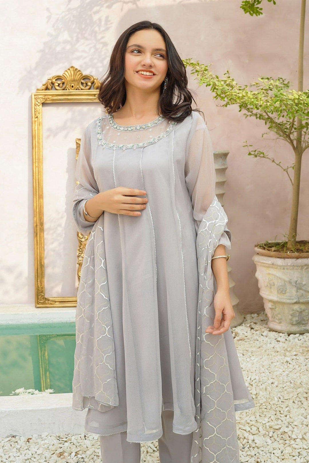 Chiffon Hand Adda Grey 3 Piece Stitched Suit - Ochre
