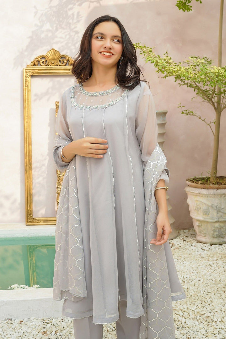 Chiffon Hand Adda Grey 3 Piece Stitched Suit - Ochre