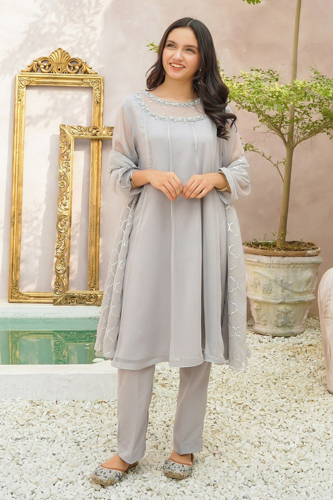 Chiffon Hand Adda Grey 3 Piece Stitched Suit - Ochre