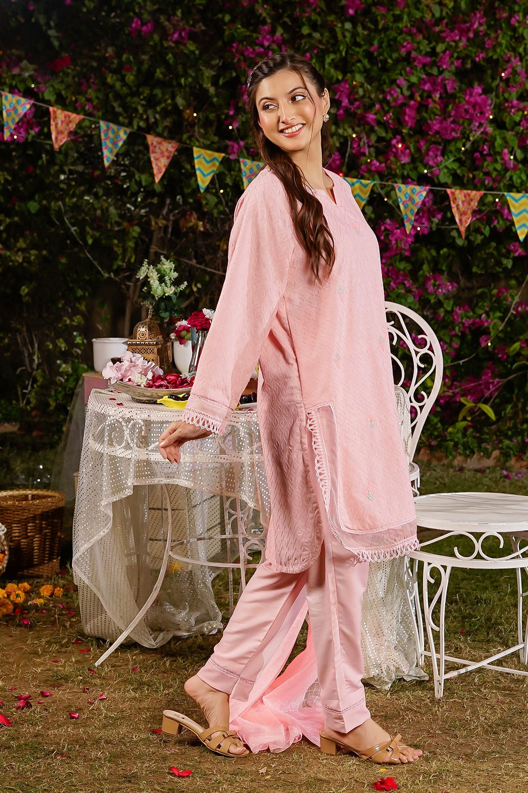 Chikankari Embroidered Tea Pink Stitched Suit - Ochre