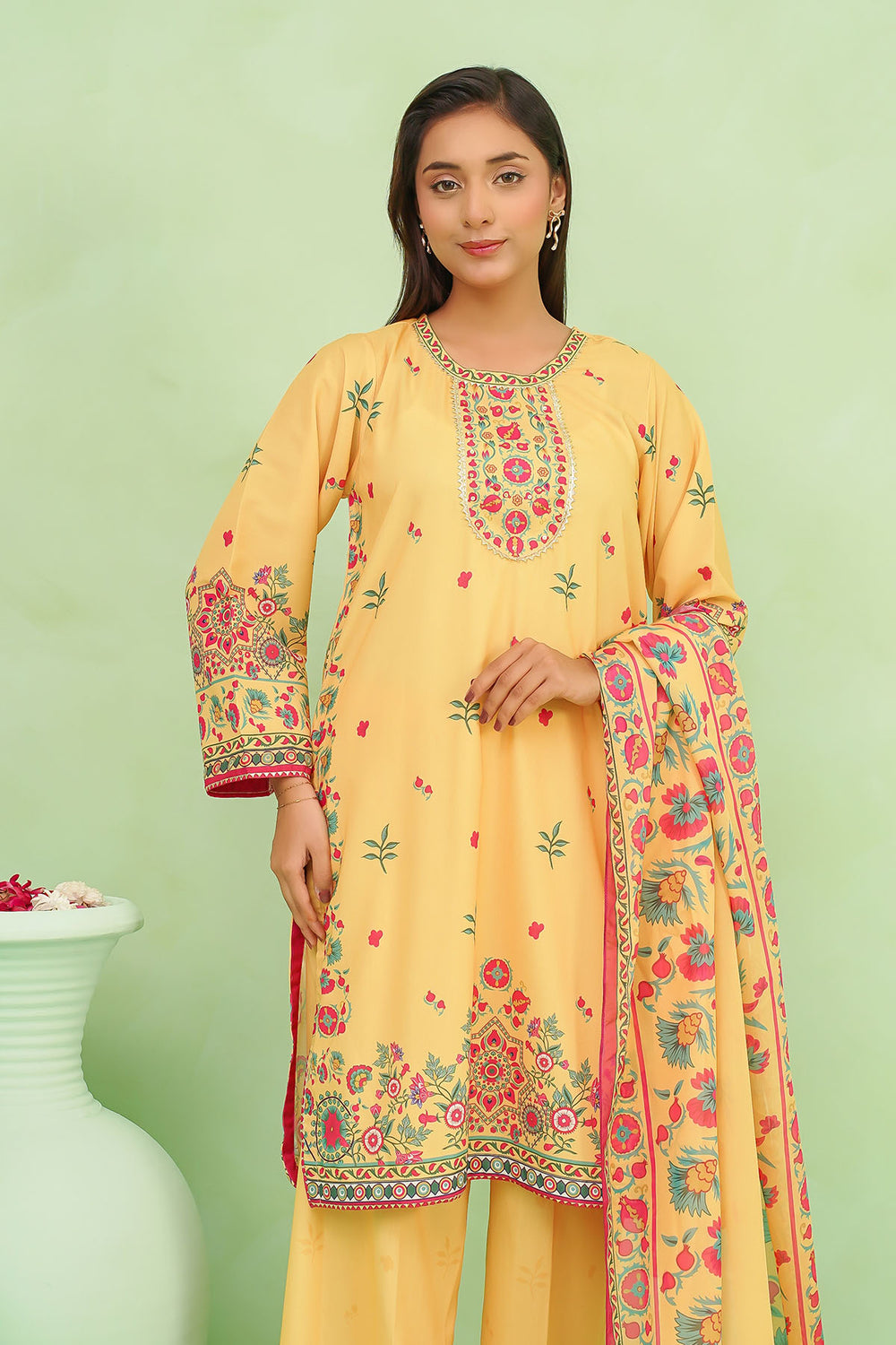 Poly Lawn Digital Printed Mustard Stitched Suit - Ochre