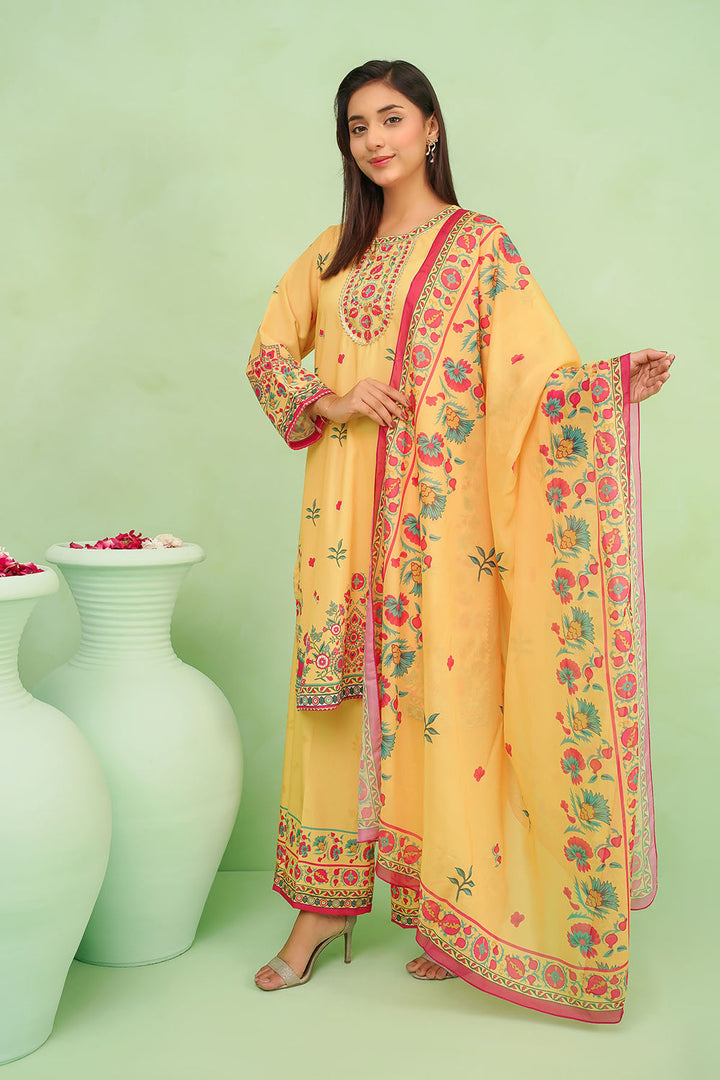 Poly Lawn Digital Printed Mustard Stitched Suit - Ochre