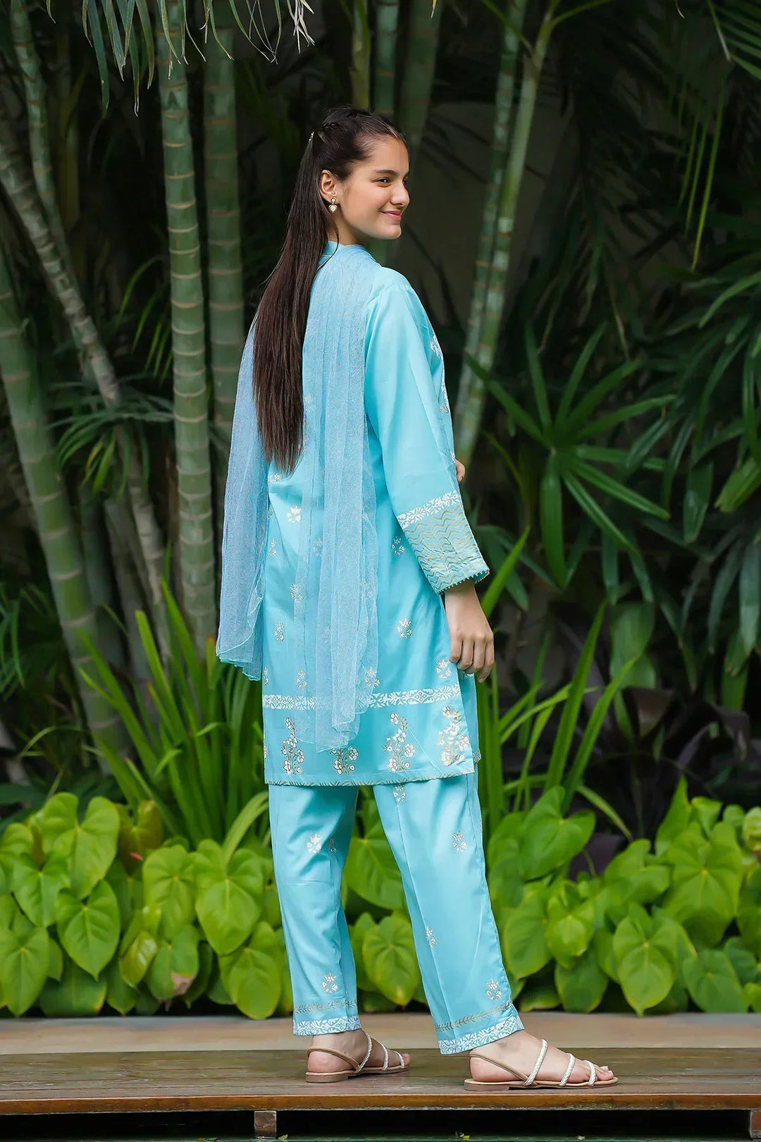 Khaddar Embellished Sky Blue Stitched Suit - Ochre
