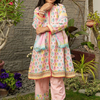 Poly Lawn Digital Printed Peach Stitched Suit - Ochre