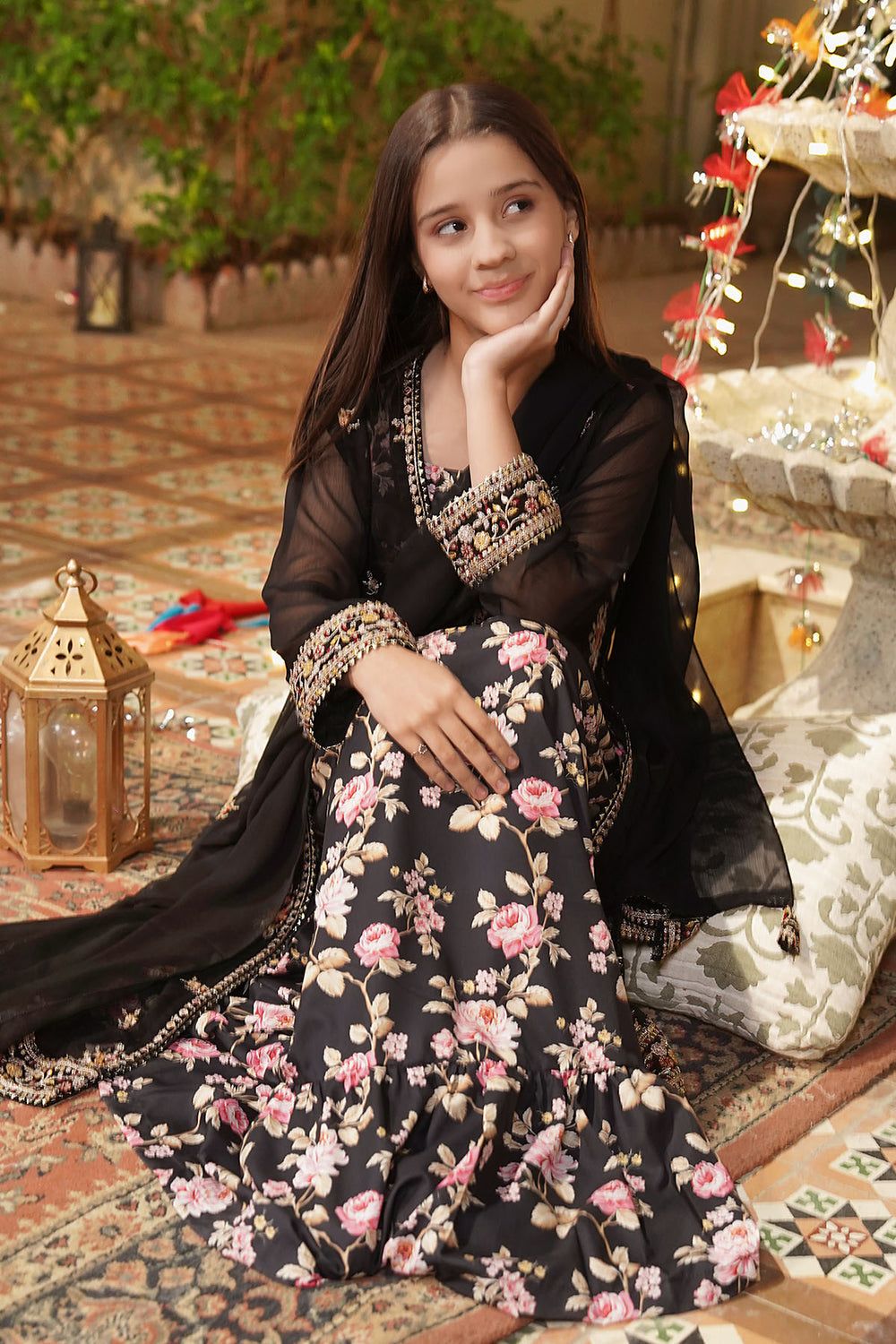 Chiffon Embroidered Black Stitched Suit - Ochre