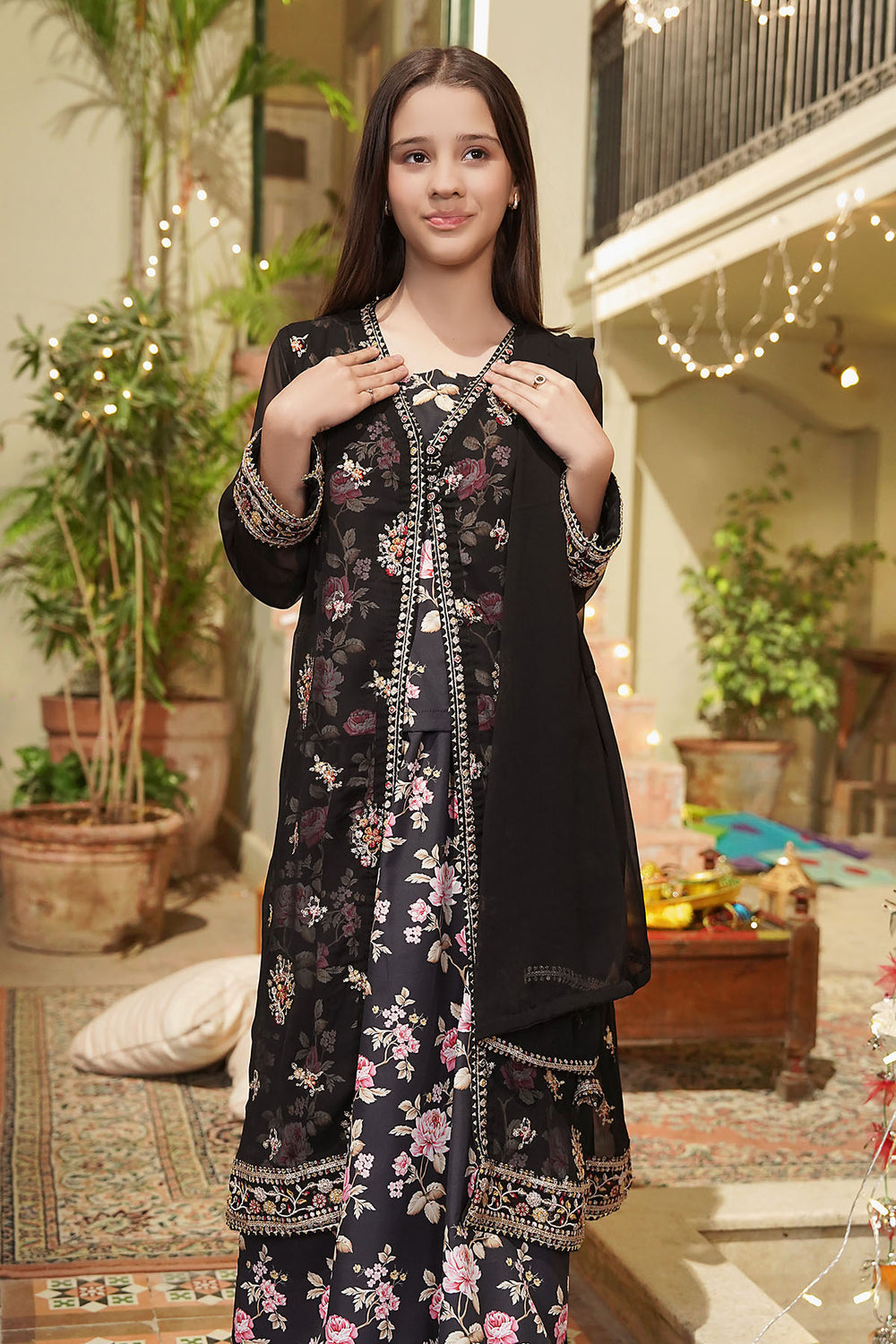Chiffon Embroidered Black Stitched Suit - Ochre