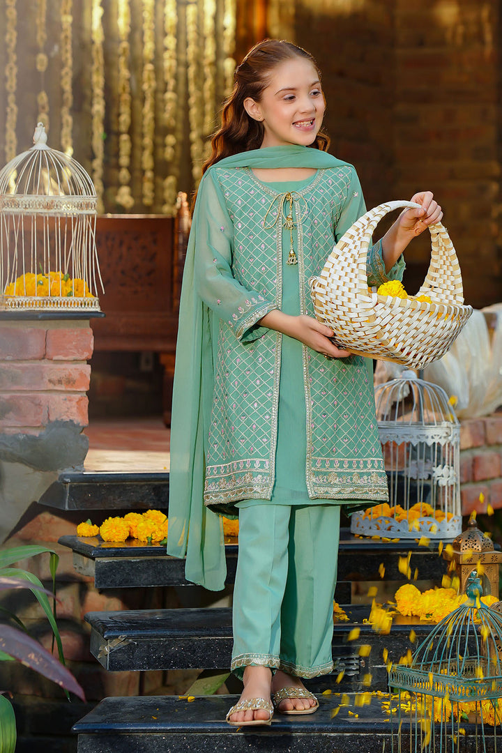 Chiffon Embroidered Pista Green Stitched Suit - Ochre