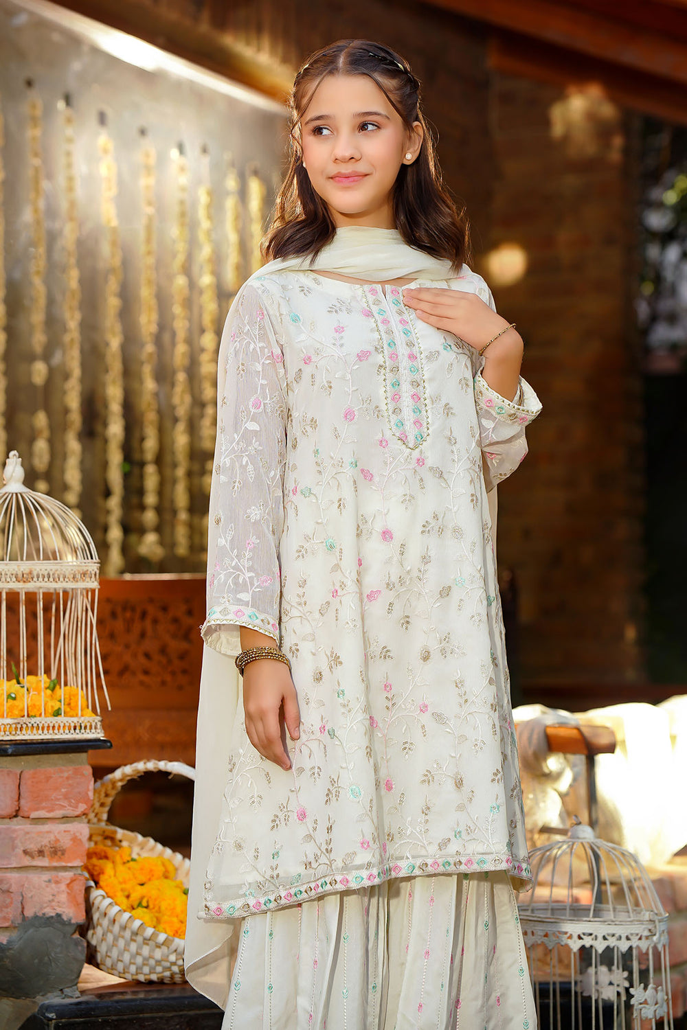 Chiffon Embroidered Ivory Stitched Suit - Ochre