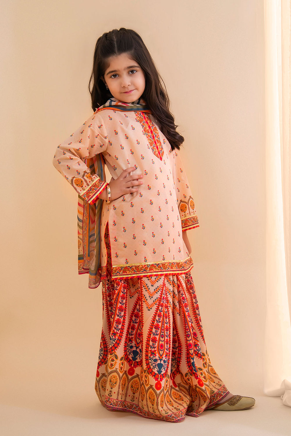 Poly Lawn Digital Printed Beige Stitched Suit - Ochre