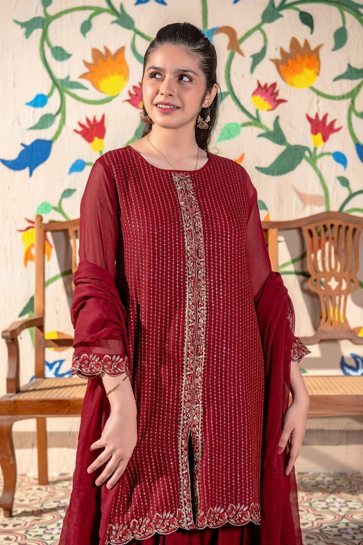 Chiffon Embroidered Maroon Stitched Suit - Ochre