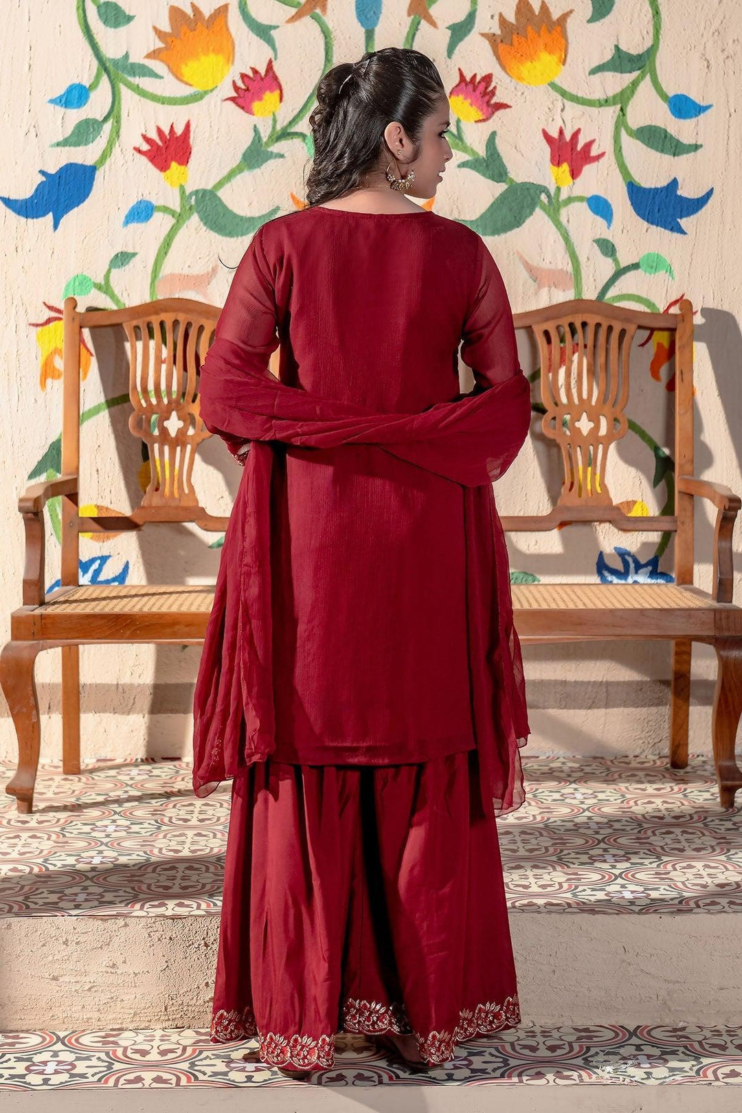 Chiffon Embroidered Maroon Stitched Suit - Ochre