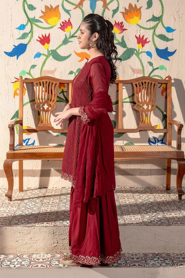 Chiffon Embroidered Maroon Stitched Suit - Ochre