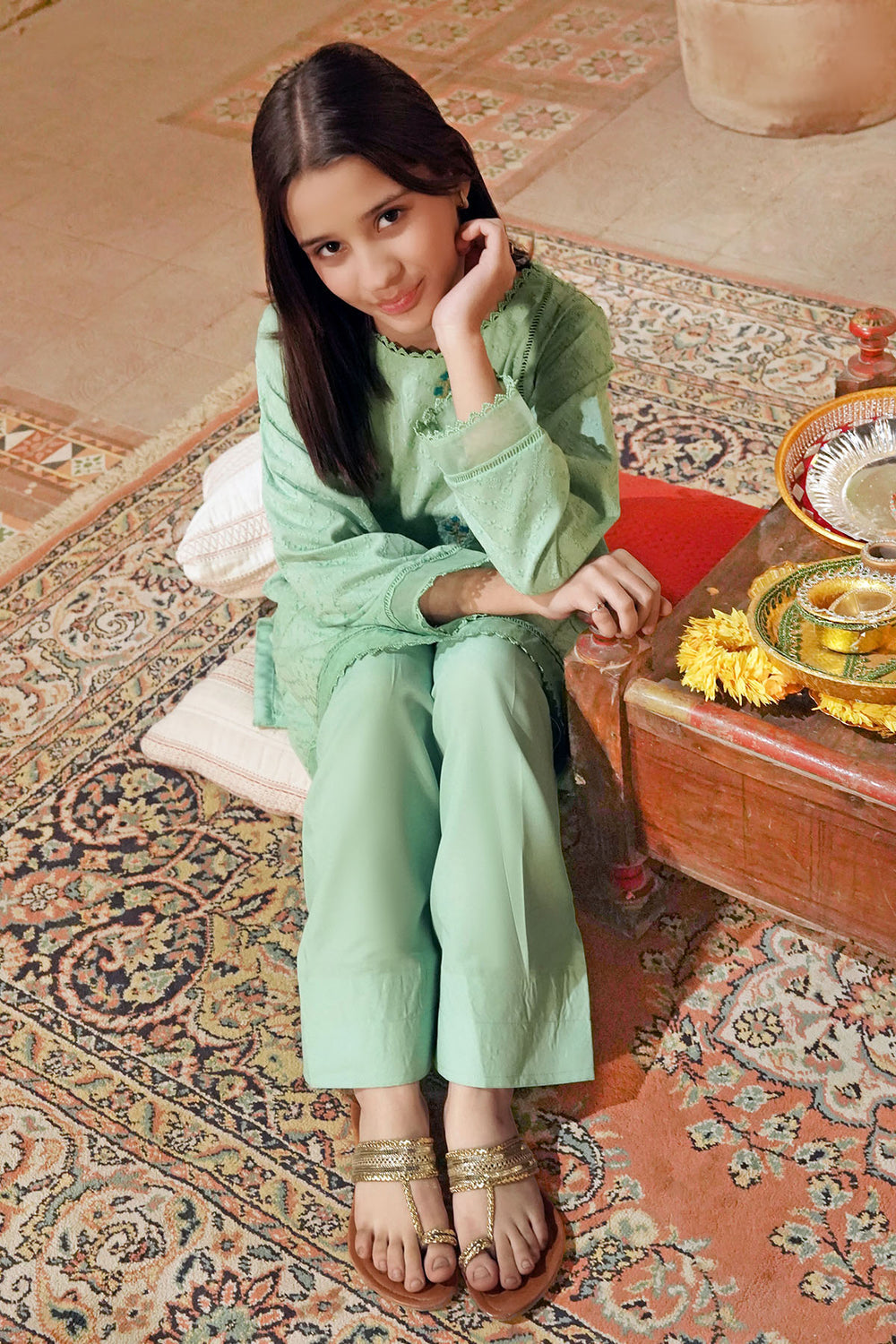 Chikankari Embroidered Mint Stitched Suit - Ochre