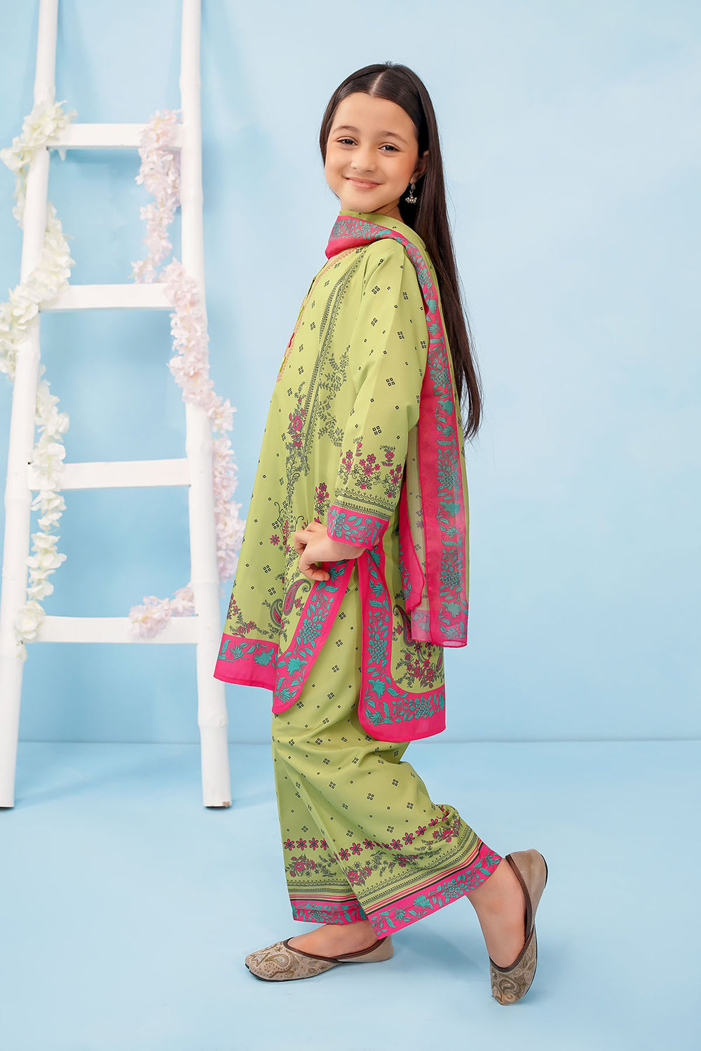 Poly Lawn Digital Printed Lime Green Stitched Suit - Ochre