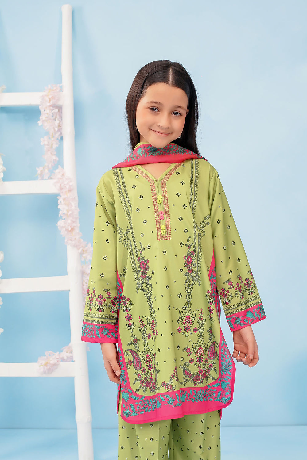 Poly Lawn Digital Printed Lime Green Stitched Suit - Ochre