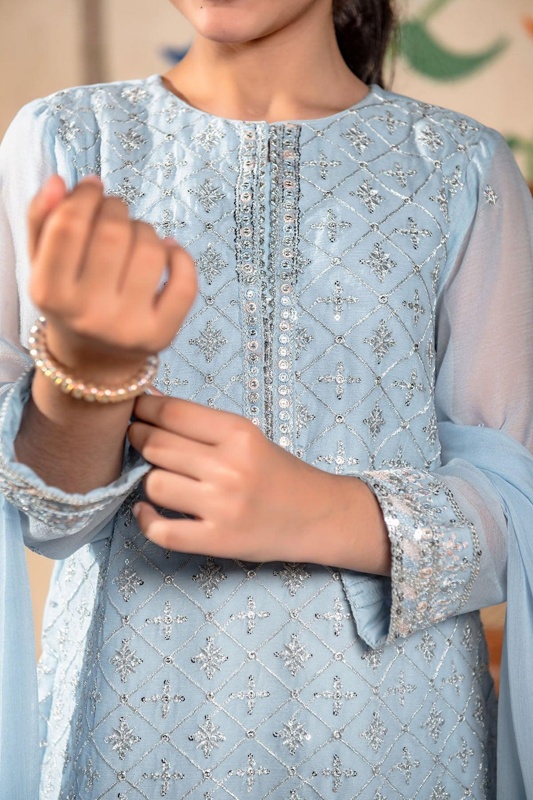 Chiffon Embroidered Blue Stitched Suit - Ochre