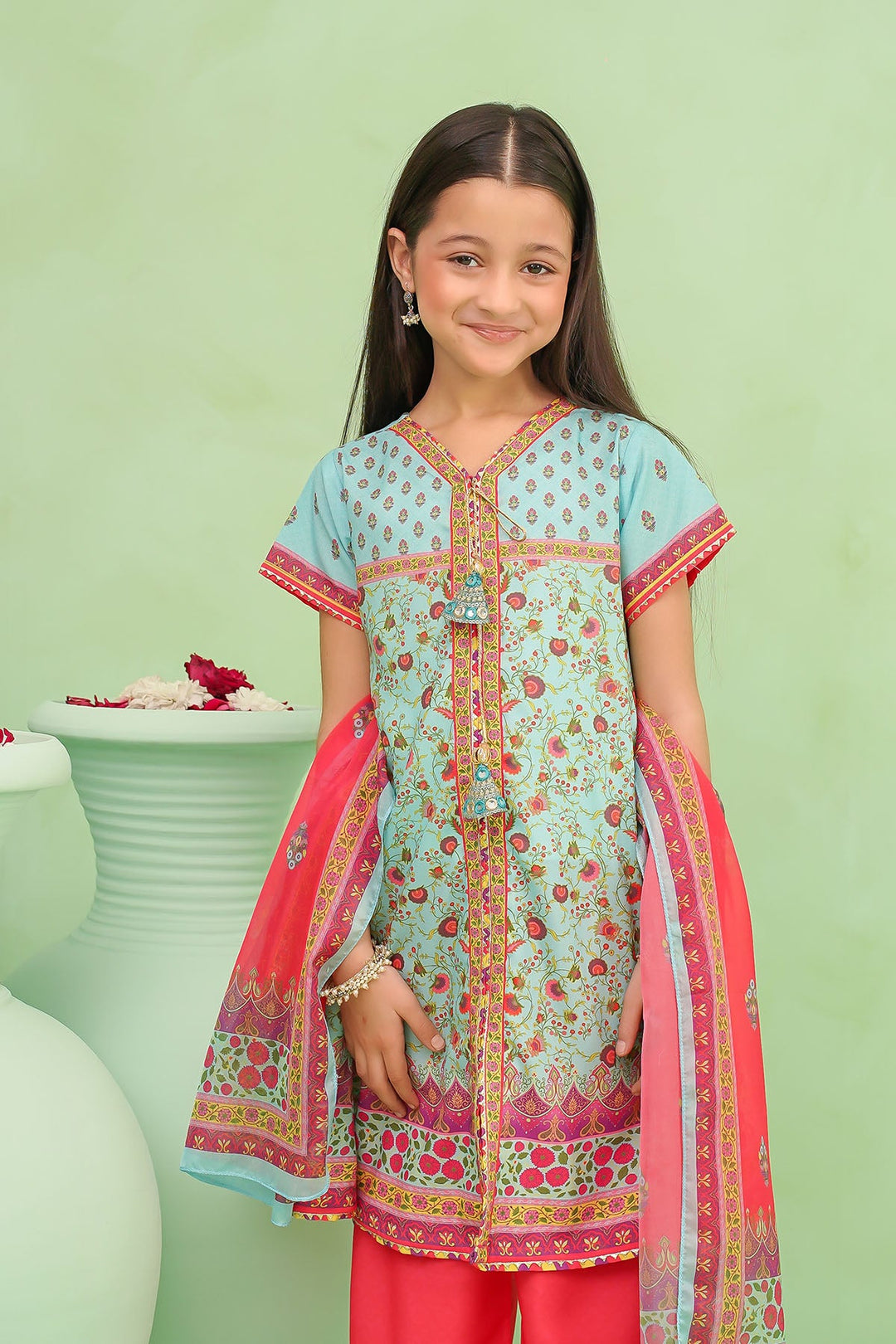 Poly Lawn Digital Printed Blue Stitched Suit - Ochre