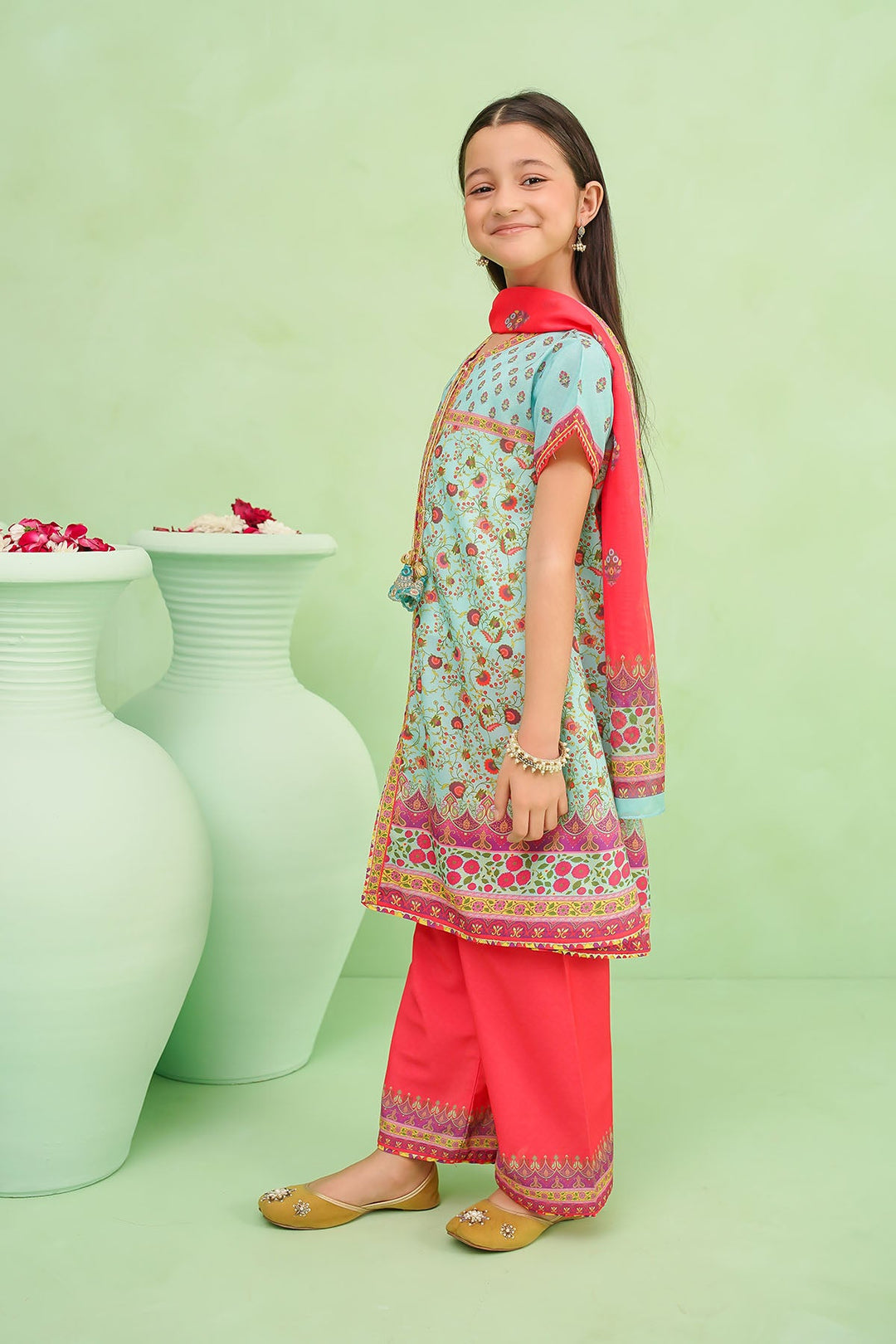 Poly Lawn Digital Printed Blue Stitched Suit - Ochre