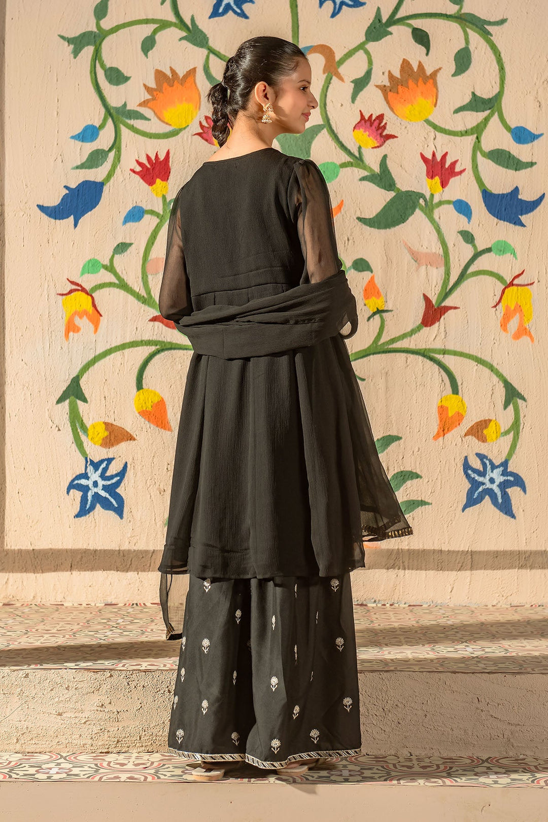 Chiffon Embroidered Black Stitched Suit - Ochre