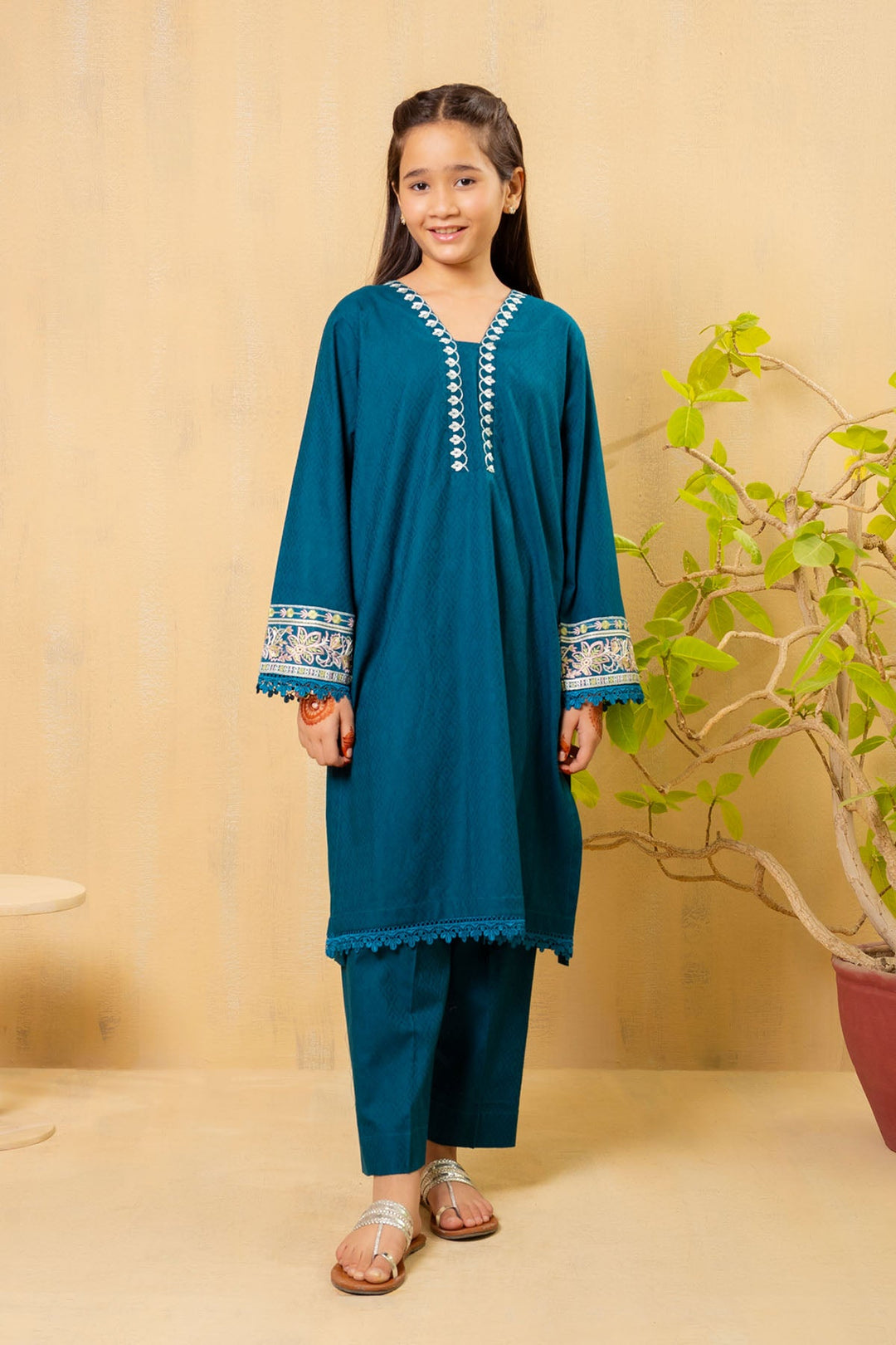 Cotton Embroidered Bottle Green Stitched Suit - Ochre