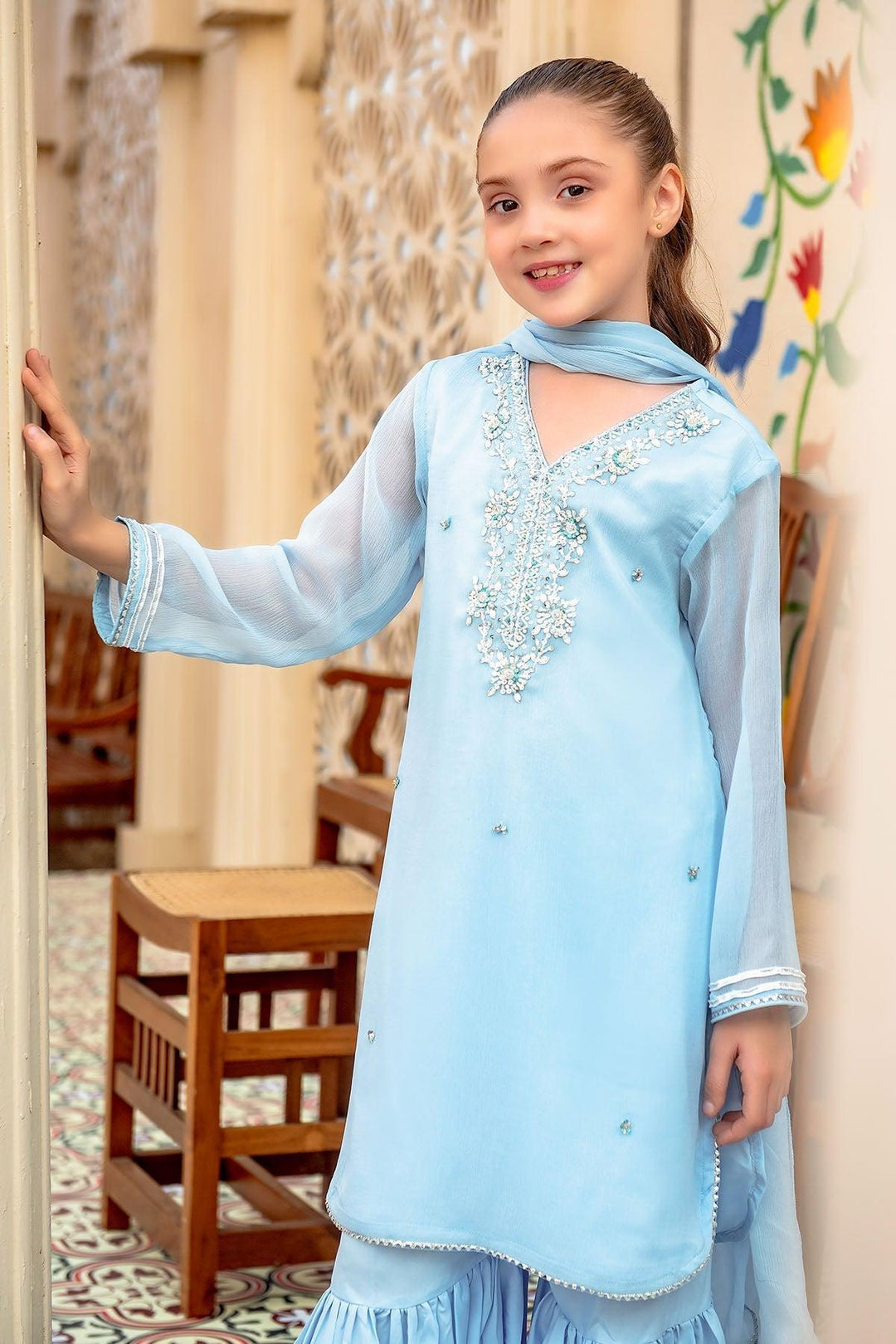 Chiffon Hand Adda Work Blue Stitched Suit - Ochre