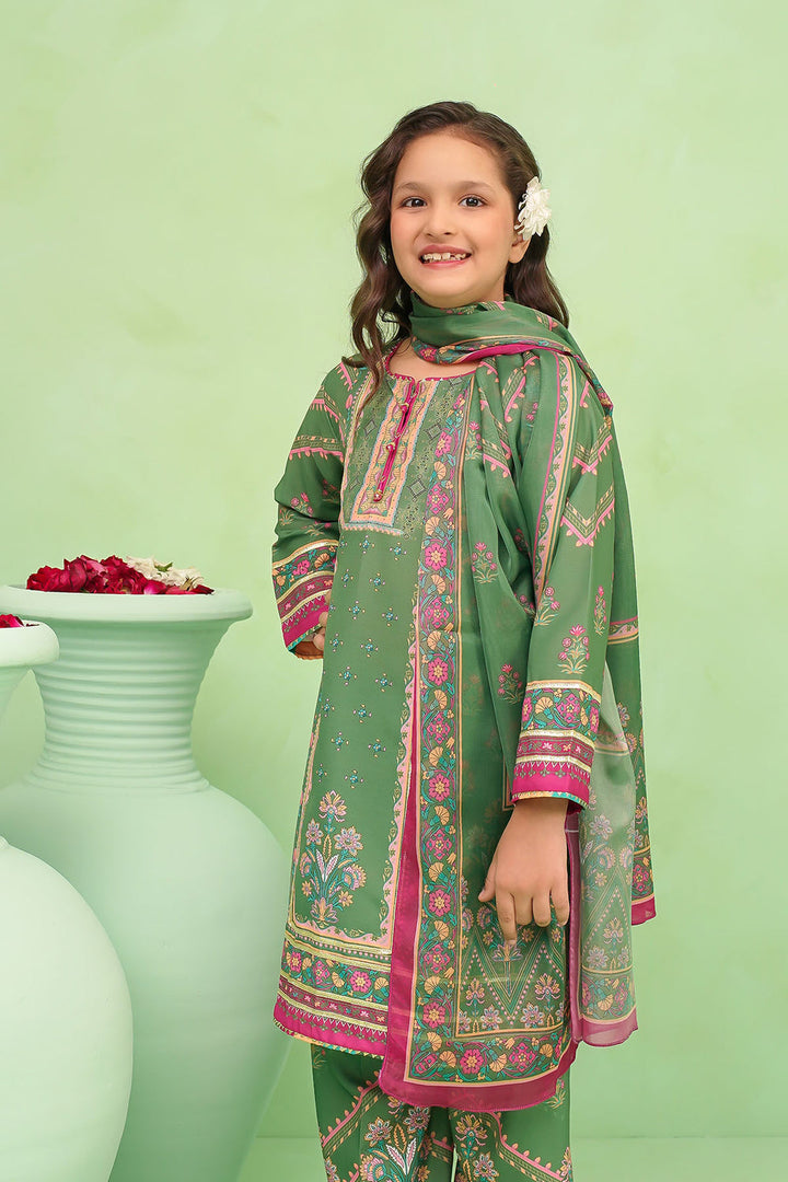 Poly Lawn Digital Printed Olive Green Stitched Suit - Ochre