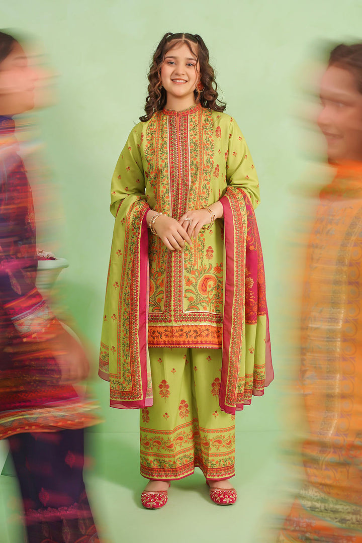 Poly Lawn Digital Printed Lime Green Stitched Suit - Ochre