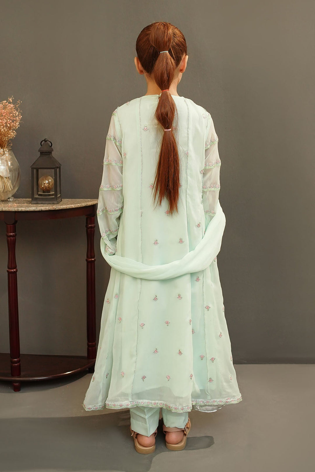 Chiffon Embroidered Mint Stitched Suit - Ochre