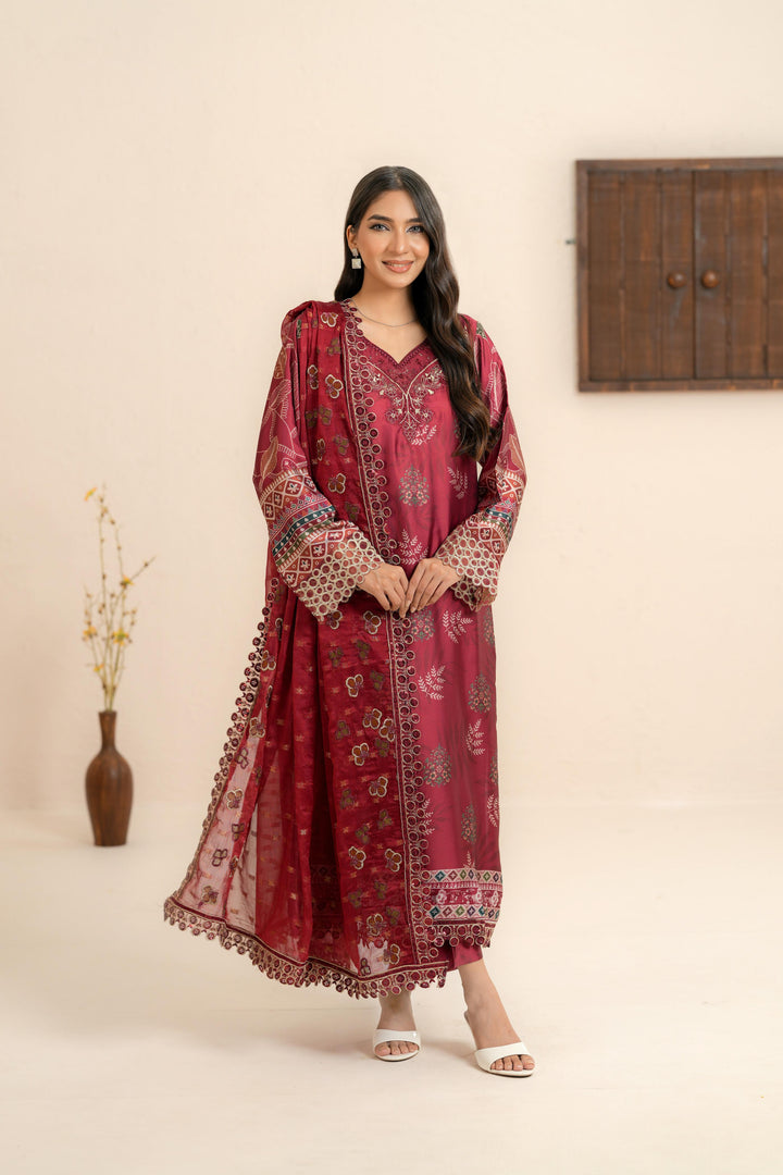 Silk Maroon Stitched Suit - Nureh
