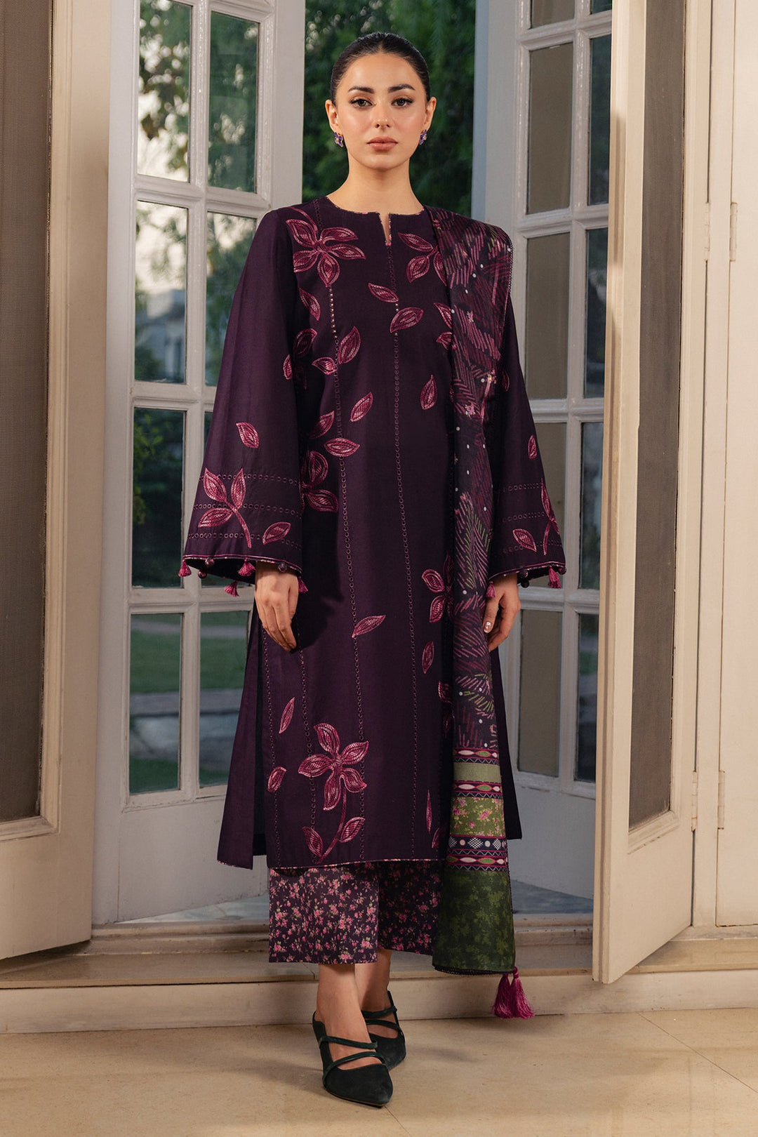 Embroidered Lawn Dark Purple Stitched Suit - Jazmin